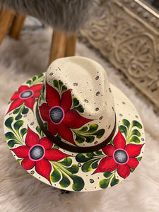 Red flower and beige hats