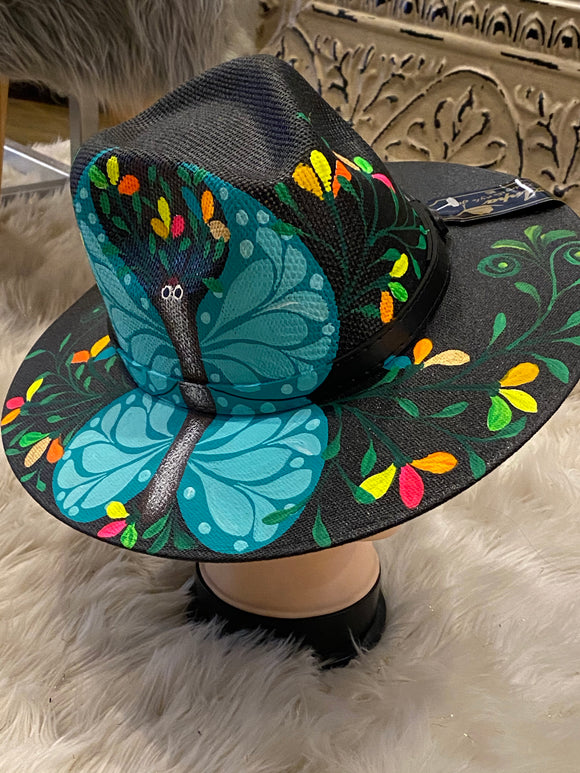 Black hat with teal butterfly